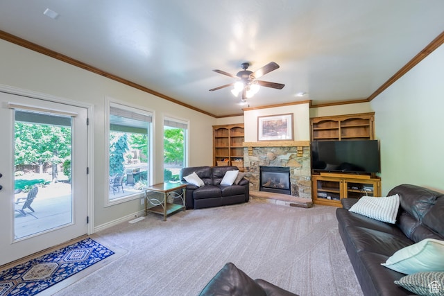 357 N Main St, Alpine, UT 84004 - living area with carpet floors, ornamental molding, a stone fireplace, and ceiling fan