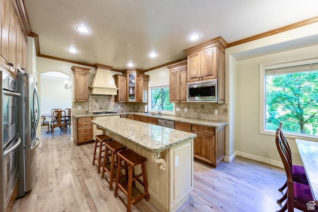 357 N Main St, Alpine, UT 84004 - kitchen with stainless steel appliances, premium range hood, ornamental molding, arched walkways, and tasteful backsplash