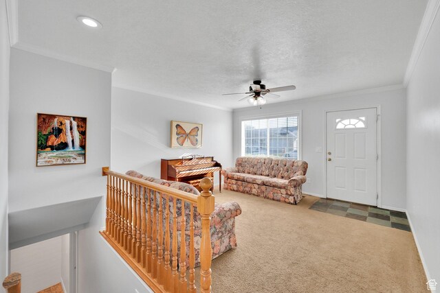 563 S 1850 E, Spanish Fork, UT 84660 - carpeted living area featuring a ceiling fan, ornamental molding, and recessed lighting
