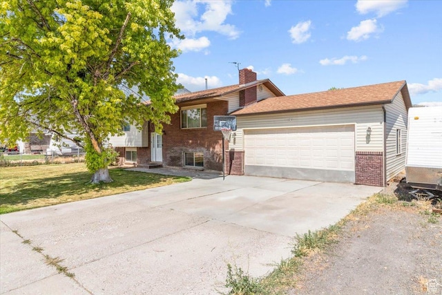 670 N 400 E, Nephi, UT 84648 - view of front facade with brick siding, an attached garage, a front lawn, driveway, and a chimney