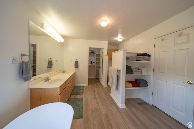 190 E 600 N, Ferron, UT 84523 - full bathroom with double vanity, wood finished floors, a spacious closet, and a textured ceiling