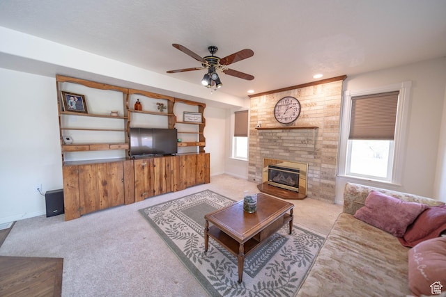 190 E 600 N, Ferron, UT 84523 - living area with ceiling fan, carpet flooring, a brick fireplace, and recessed lighting