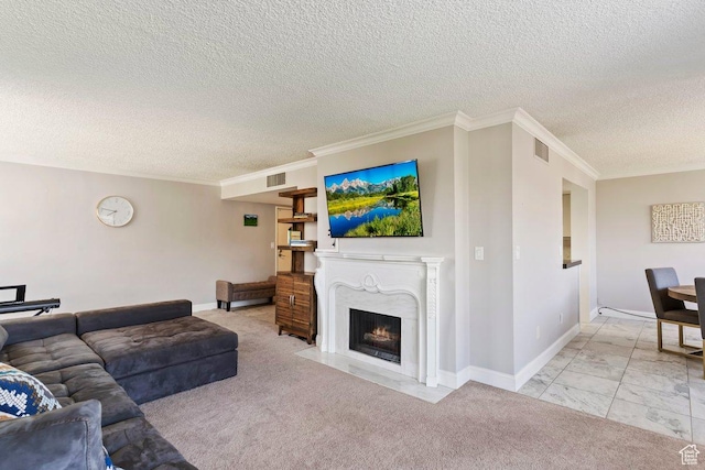 241 N Vine St Unit 506W, Salt Lake City, UT 84103 - living area featuring a textured ceiling, ornamental molding, and a high end fireplace