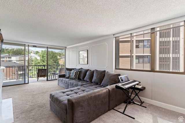 241 N Vine St Unit 506W, Salt Lake City, UT 84103 - living area with carpet floors, a textured ceiling, ornamental molding, and expansive windows