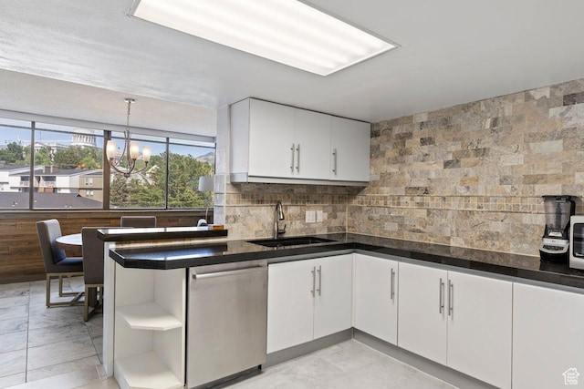 241 N Vine St Unit 506W, Salt Lake City, UT 84103 - kitchen featuring stainless steel dishwasher, white cabinetry, dark countertops, and tasteful backsplash