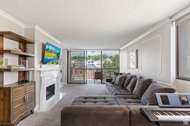 241 N Vine St Unit 506W, Salt Lake City, UT 84103 - living area with carpet flooring, a textured ceiling, crown molding, floor to ceiling windows, and a fireplace with flush hearth
