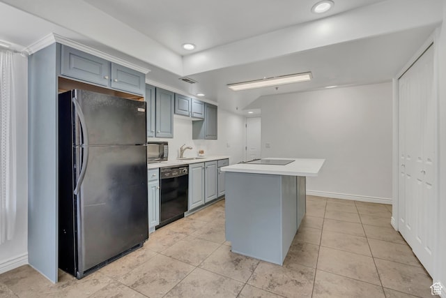2725 S 700 E Unit O, Salt Lake City, UT 84106 - kitchen with black appliances, light countertops, gray cabinets, light tile patterned floors, and a kitchen island
