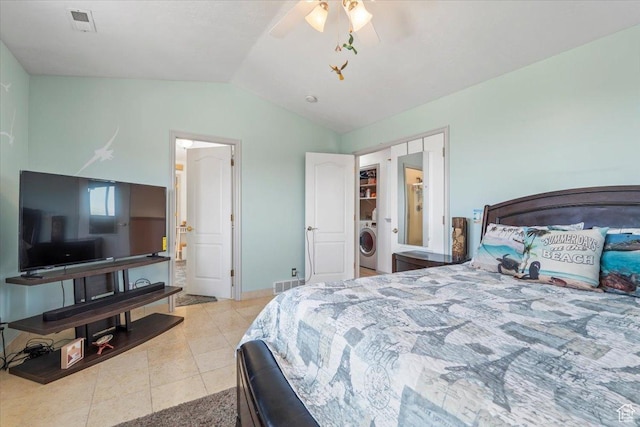 1721 E Lone Oak Dr, Draper, UT 84020 - bedroom featuring washer / dryer, vaulted ceiling, tile patterned floors, and a ceiling fan