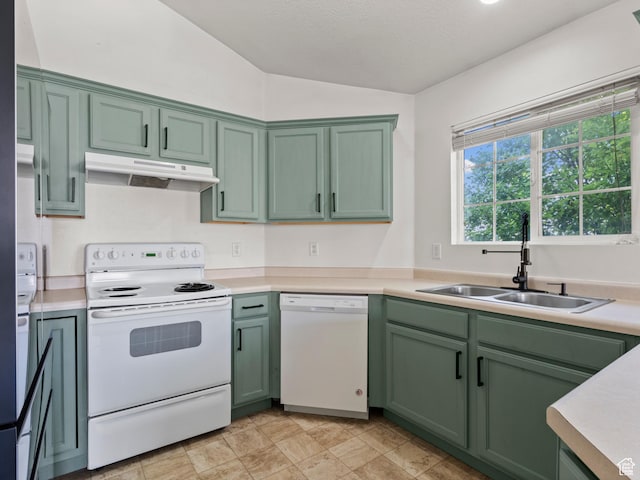2119 N Aurora Way Unit F, Saratoga Springs, UT 84045 - kitchen featuring white appliances, green cabinets, under cabinet range hood, lofted ceiling, and light countertops