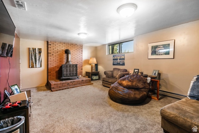 1455 S Hoytsville Rd, Coalville, UT 84017 - living room featuring a wood stove, carpet, and baseboard heating
