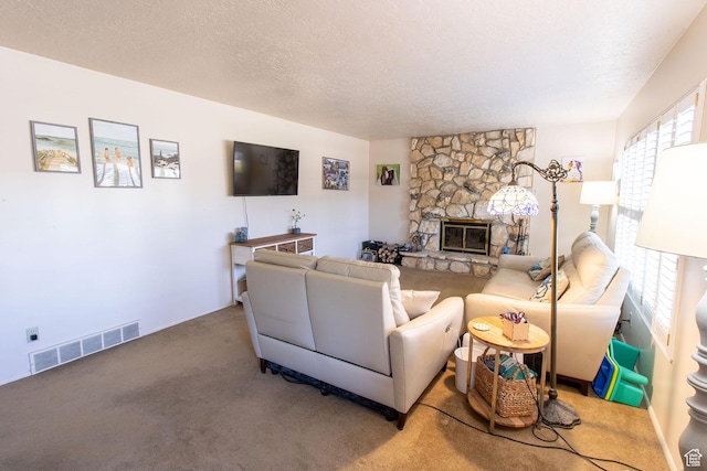 1471 W Stern Dr S, Taylorsville, UT 84123 - carpeted living room featuring a fireplace and a textured ceiling