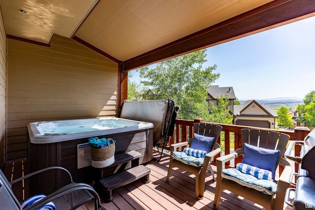 5596 N Oslo Ln, Park City, UT 84098 - wooden terrace with a hot tub and a mountain view