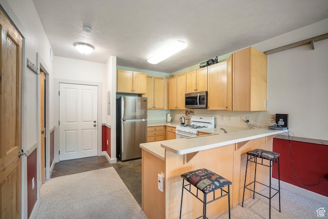 6605 N 2200 W Unit E205, Park City, UT 84098 - kitchen featuring stainless steel appliances, light brown cabinets, a peninsula, a kitchen breakfast bar, and light countertops