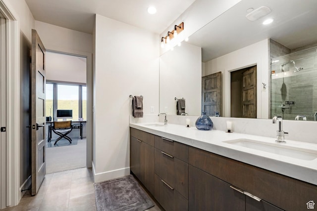 6836 Golden Bear Loop W, Park City, UT 84098 - bathroom with double vanity, a shower stall, recessed lighting, and tile patterned flooring