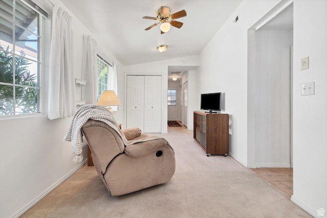 2990 E Riverside Dr Unit 3, St George, UT 84790 - sitting room featuring light carpet, a ceiling fan, and lofted ceiling