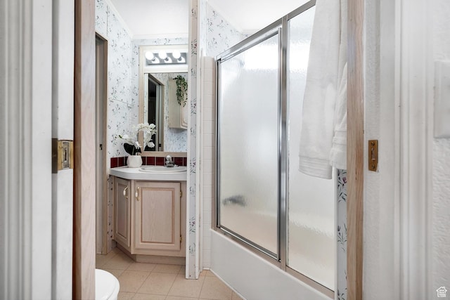2990 E Riverside Dr Unit 3, St George, UT 84790 - bathroom featuring wallpapered walls, vanity, tile patterned flooring, shower / bath combination with glass door, and ornamental molding