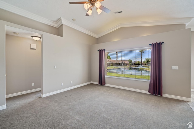 805 S River Rd Unit 65, St George, UT 84790 - unfurnished room featuring a ceiling fan, carpet, crown molding, and lofted ceiling