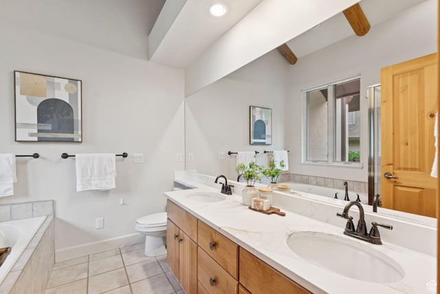 92 W Village Ct, Midway, UT 84049 - bathroom with a bath, double vanity, tile patterned flooring, and a shower stall