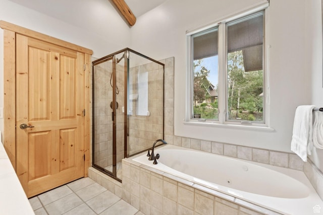 92 W Village Ct, Midway, UT 84049 - full bathroom with a stall shower, a garden tub, tile patterned flooring, healthy amount of natural light, and beam ceiling