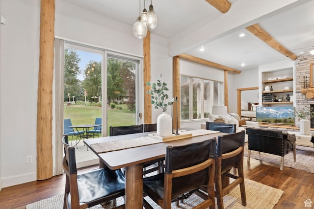 92 W Village Ct, Midway, UT 84049 - dining space featuring beamed ceiling, dark wood-type flooring, recessed lighting, a ceiling fan, and built in features