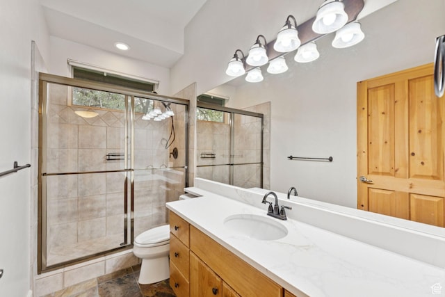 92 W Village Ct, Midway, UT 84049 - full bath featuring vanity, a stall shower, stone finish flooring, and recessed lighting