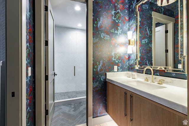 4746 Old Meadow Ln, Park City, UT 84098 - bathroom with vanity, wallpapered walls, and recessed lighting