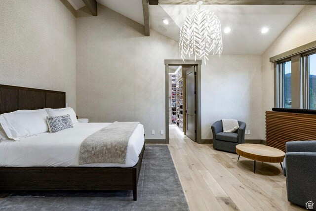4746 Old Meadow Ln, Park City, UT 84098 - bedroom featuring wood finished floors, a walk in closet, high vaulted ceiling, recessed lighting, and beamed ceiling