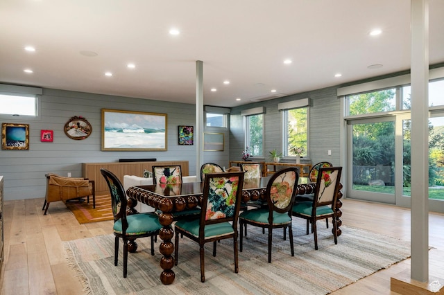 4746 Old Meadow Ln, Park City, UT 84098 - dining room featuring light wood-style flooring, recessed lighting, and wooden walls