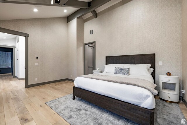 4746 Old Meadow Ln, Park City, UT 84098 - bedroom featuring light wood-style flooring, beam ceiling, recessed lighting, and high vaulted ceiling