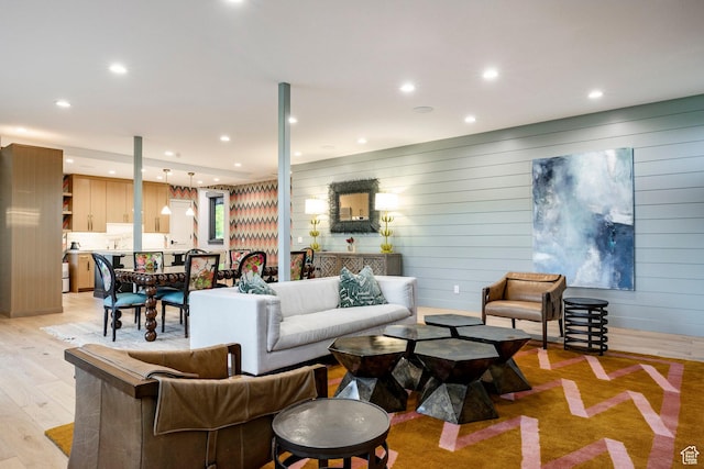 4746 Old Meadow Ln, Park City, UT 84098 - living area featuring light wood-style floors, recessed lighting, and wooden walls