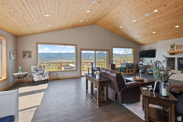 9506 Silver Creek Rd, Park City, UT 84098 - living area featuring vaulted ceiling, recessed lighting, wood finished floors, and wood ceiling