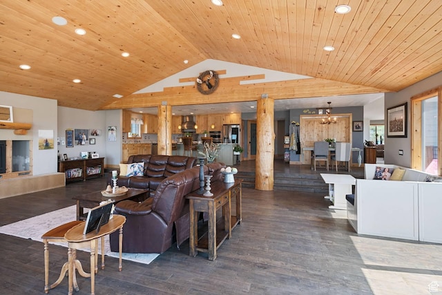 9506 Silver Creek Rd, Park City, UT 84098 - living room featuring vaulted ceiling, recessed lighting, wooden ceiling, wood finished floors, and a chandelier