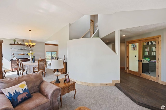 9506 Silver Creek Rd, Park City, UT 84098 - living room featuring a chandelier, stairway, high vaulted ceiling, wood finished floors, and carpet floors