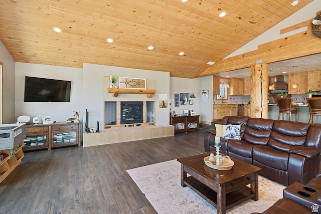 9506 Silver Creek Rd, Park City, UT 84098 - living room with recessed lighting, wood finished floors, wooden ceiling, and high vaulted ceiling