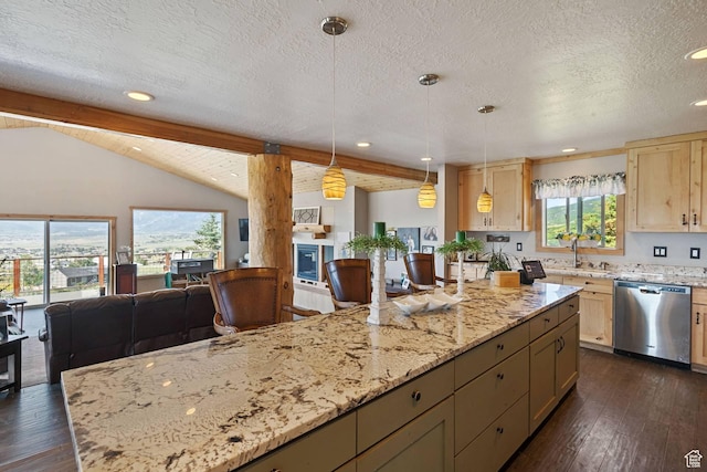 9506 Silver Creek Rd, Park City, UT 84098 - kitchen with stainless steel dishwasher, open floor plan, vaulted ceiling, dark wood-type flooring, and light brown cabinets