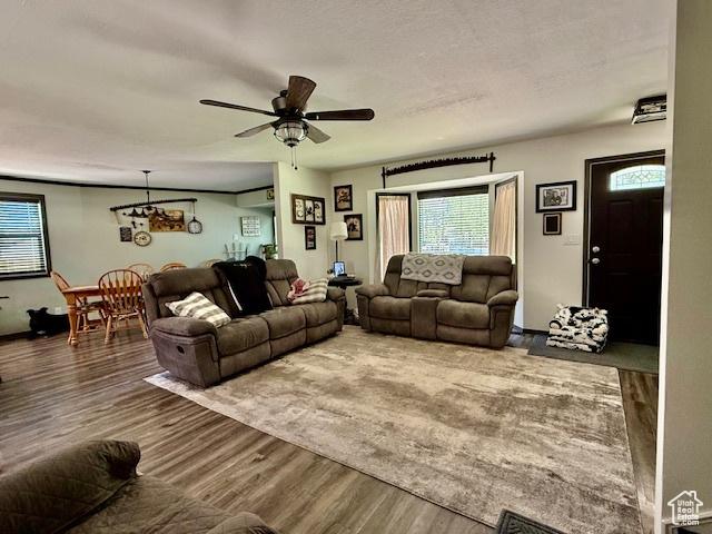 536 N Sundance Cir, Vernal, UT 84078 - living area with wood finished floors, plenty of natural light, ceiling fan, and a chandelier
