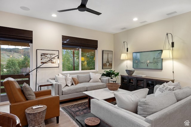 3605 W Wrangler Way, Park City, UT 84098 - living room with ceiling fan, wood finished floors, and recessed lighting