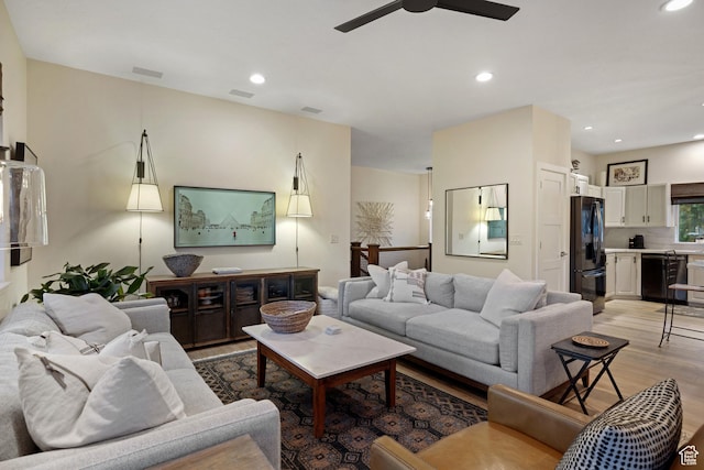 3605 W Wrangler Way, Park City, UT 84098 - living room with light wood finished floors, a ceiling fan, and recessed lighting