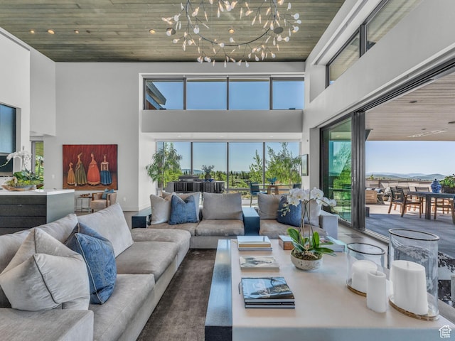 4693 Pinnacle Sky Loop, Park City, UT 84098 - living room featuring a chandelier, a towering ceiling, and wooden ceiling