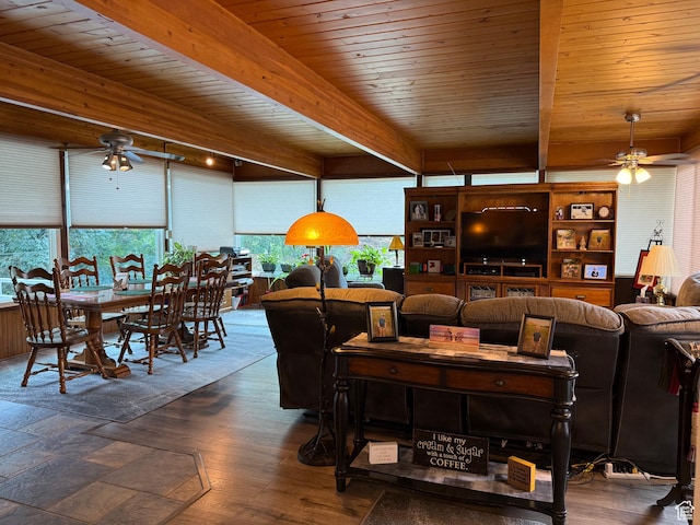 2936 E Ln Joya Dr S, Holladay, UT 84124 - living room with ceiling fan, a wood ceiling with exposed beams, and wood finished floors
