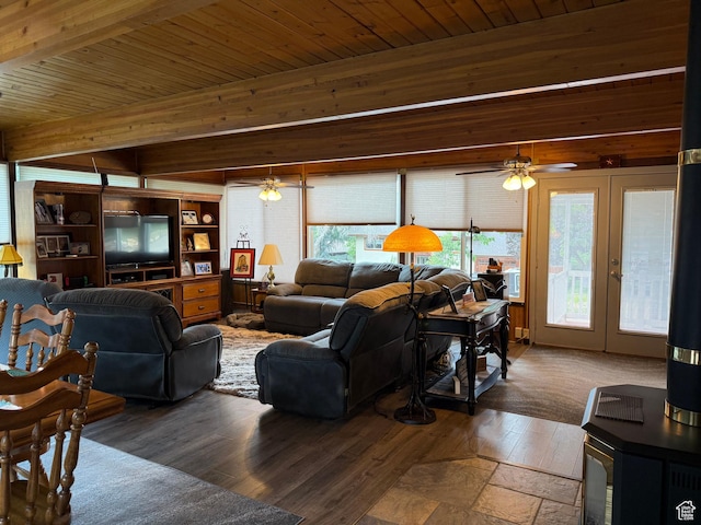 2936 E Ln Joya Dr S, Holladay, UT 84124 - living room featuring ceiling fan, plenty of natural light, wood finished floors, french doors, and a wood ceiling with exposed beams