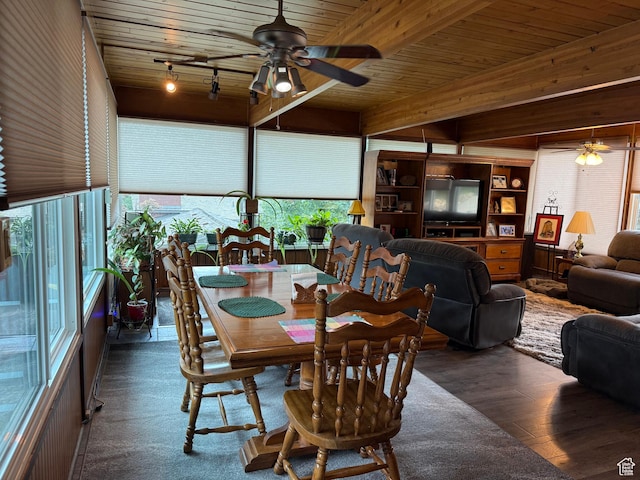 2936 E Ln Joya Dr S, Holladay, UT 84124 - dining room featuring a ceiling fan, a wooden ceiling with exposed beams, and wood finished floors