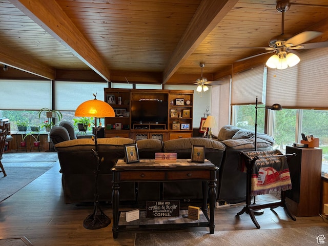 2936 E Ln Joya Dr S, Holladay, UT 84124 - living room featuring ceiling fan, wood finished floors, and a wooden ceiling with exposed beams