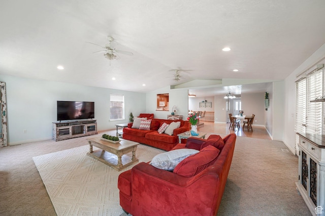 117 E 300 S, Gunnison, UT 84634 - living room with light colored carpet, a ceiling fan, vaulted ceiling, plenty of natural light, and recessed lighting