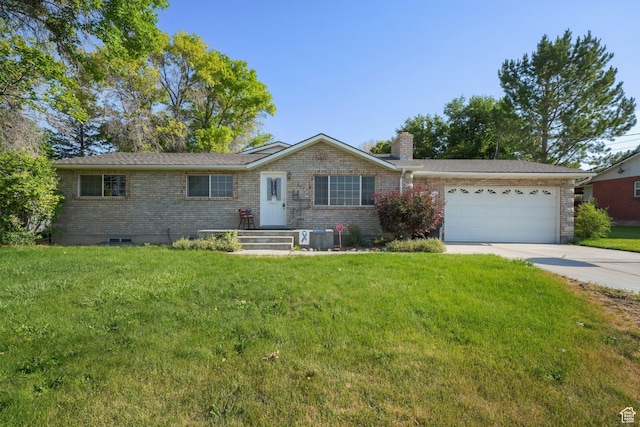 117 E 300 S, Gunnison, UT 84634 - single story home featuring concrete driveway, a garage, a chimney, and brick siding