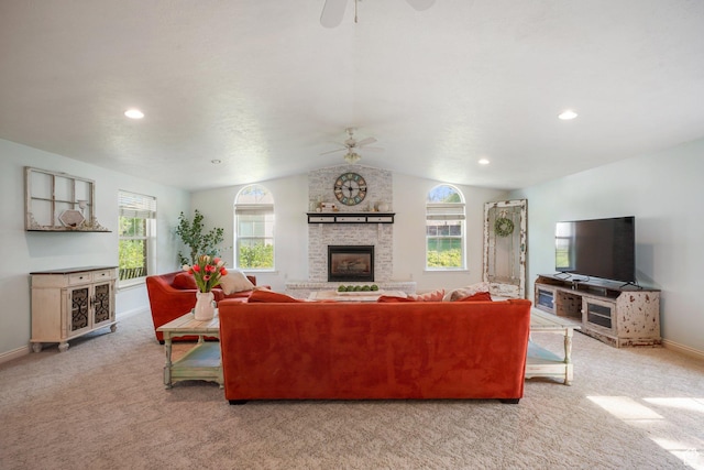 117 E 300 S, Gunnison, UT 84634 - living area featuring a ceiling fan, a large fireplace, carpet, vaulted ceiling, and recessed lighting