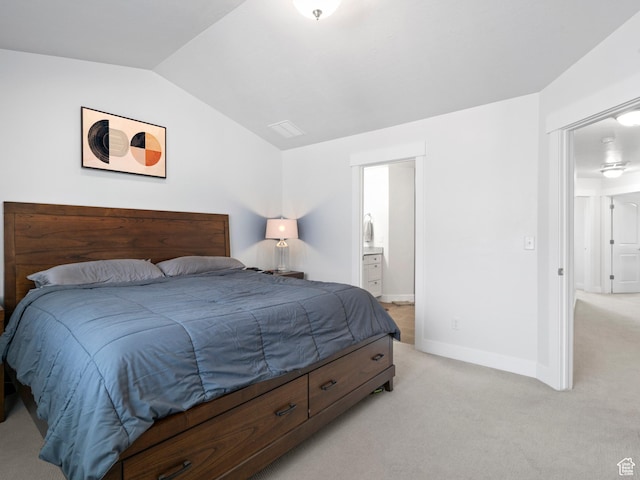 4070 W 1630 N, Lehi, UT 84043 - bedroom featuring light colored carpet, vaulted ceiling, and ensuite bath