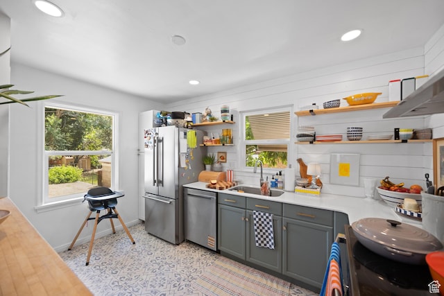 1639 20th S, Ogden, UT 84401 - kitchen featuring appliances with stainless steel finishes, open shelves, light countertops, gray cabinetry, and recessed lighting