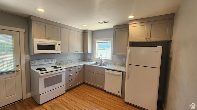 1310 N 800 W, Provo, UT 84604 - kitchen featuring white appliances, gray cabinetry, light wood-style flooring, recessed lighting, and light stone countertops