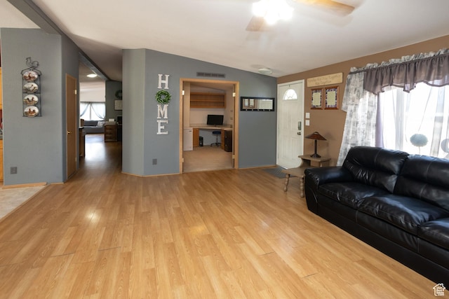 205 W 575 S, Venice, UT 84701 - living room featuring light wood finished floors, a ceiling fan, and lofted ceiling